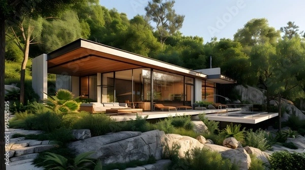 Fototapeta Capture the tranquility of a modern house in the heart of nature  AI generated illustration