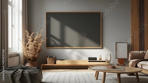 Fototapeta In the cozy living room, a couch, chair, and wallmounted TV