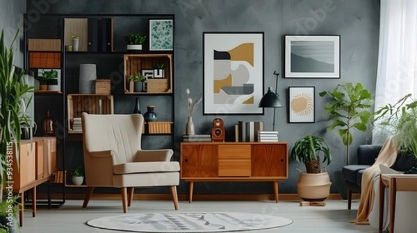 Fototapeta Cinematic artwork in a wooden frame making a statement in an otherwise sparely decorated room AI generated illustration