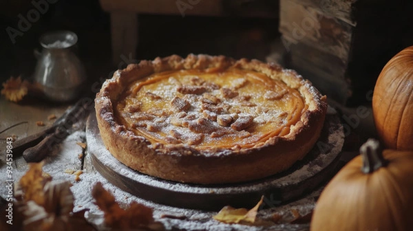 Fototapeta Autumnal pumpkin pie dish with icing sugar 