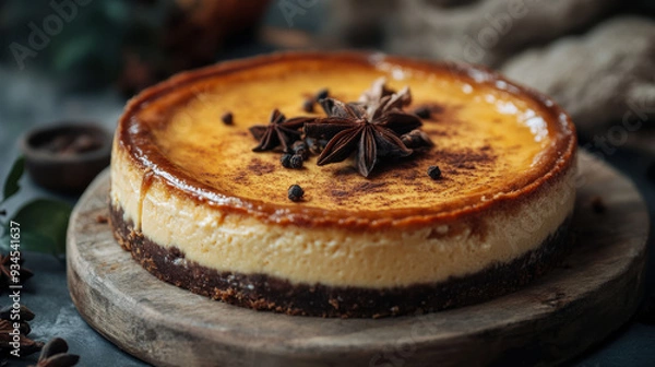Obraz Autumnal spiced cheesecake, well done burnt basque topping and crust with anise and spices powdered on top, yellow and brown caramelization
