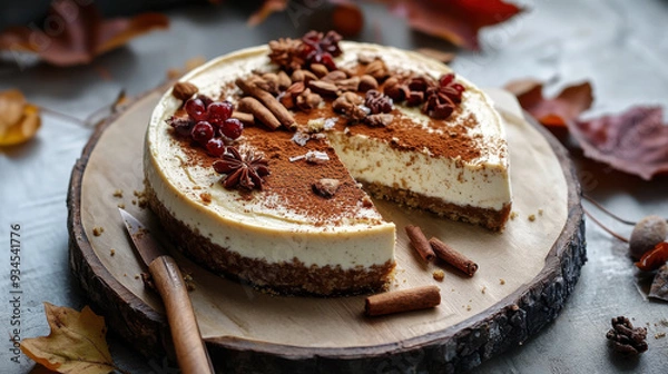 Fototapeta Autumnal spiced cheesecake, chocolate dust, cinnamon, nuts 