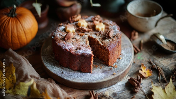 Obraz Autumnal spiced cake on rustic grey serving platter made of wood