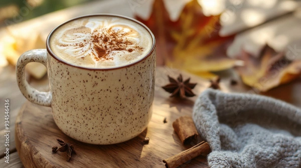 Fototapeta Autumnal spiced beverage, cozy and warm drink, spices and rustic serving cup, brown and tan cream colored serving mug