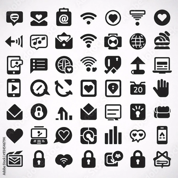 Fototapeta Grid of diverse black icons on white background. Generative AI