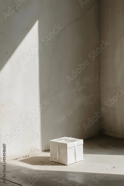 Fototapeta Cinematic simplistic depiction of a white gift box placed in the corner of a room  AI generated illustration