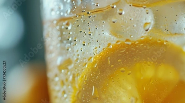Fototapeta Close up on the condensation on a glass of cold lemonade  AI generated illustration
