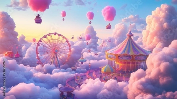 Fototapeta Fantasy Amusement Park in the Clouds - Surreal Artwork.
