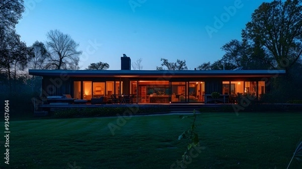 Fototapeta Deep blues of twilight enveloping a quiet modern house  AI generated illustration