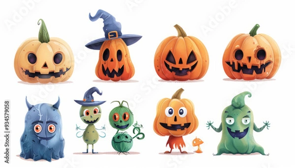 Fototapeta Cute Spooky Set of Halloween Monsters and Characters in Cartoon Style - Digital Art on White Background