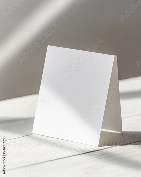 Fototapeta Blank White Card Mockup on White Wood Table with Sunbeams.