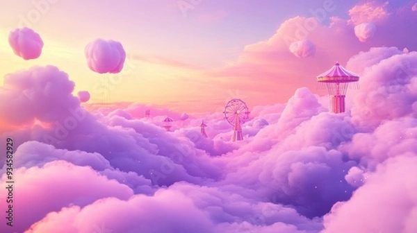 Fototapeta Fantasy Amusement Park in the Clouds - Surreal Sunset with Ferris Wheel, Carousel, and Pink Fluffy Clouds.