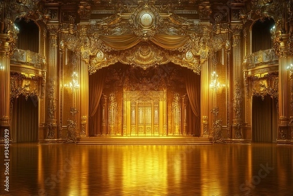 Fototapeta Empty golden palace background for theater stage scene, golden curtains and wooden floor
