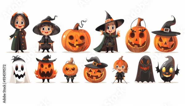 Fototapeta Cute and Spooky Set of Halloween Monsters and Characters in Cartoon Style - Digital Art on White Background
