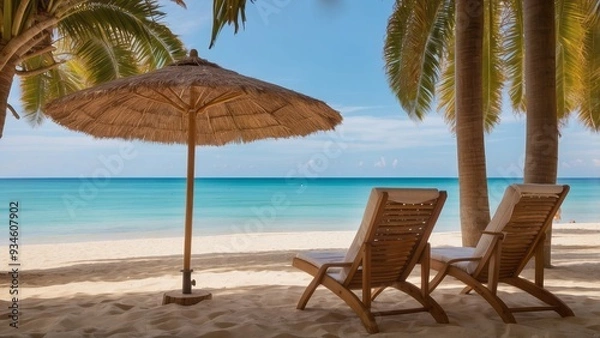 Fototapeta Two Beach Chairs Under a Palm Tree and Umbrella on a Sandy Beach