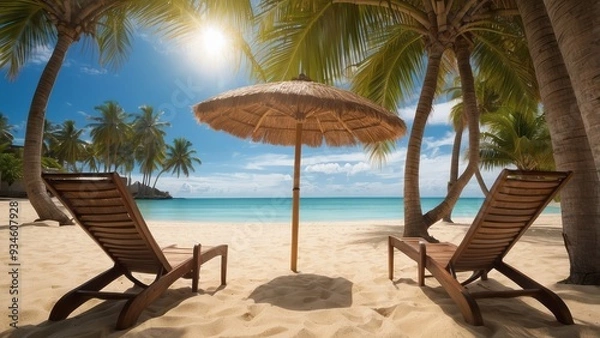 Fototapeta Two Wooden Loungers on a Tropical Beach with a Palm Tree Canopy and a Straw Umbrella