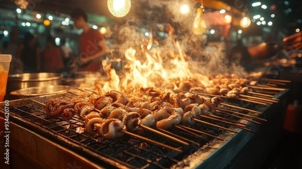 Fototapeta A vibrant Thai street food scene with octopus skewers grilling over hot coals, with the squid slowly charring and the market bustling with activity