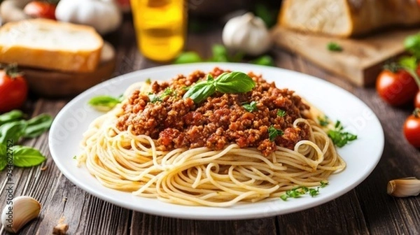 Fototapeta A white plate of spaghetti Bolognese served with a side of freshly baked bread, surrounded by ingredients like tomatoes, garlic, and basil.