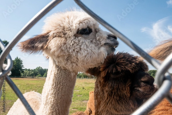 Fototapeta White alpaca standing behind a metal fence with another alpaca behind it.