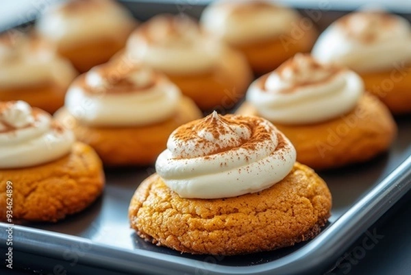 Fototapeta Freshly made pumpkin cookies, covered in a smooth cream cheese frosting and sprinkled with cinnamon, arranged on a baking sheet.






