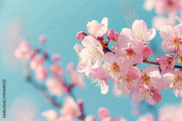 Fototapeta Sunny Day Close-Up: Pink Cherry Blossoms on Tree Branch with Blue Sky Background