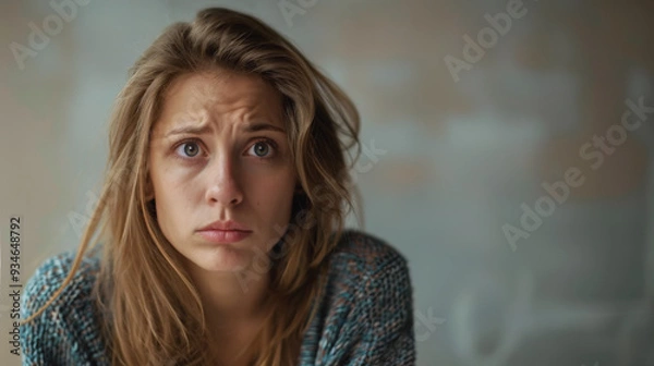 Obraz Studio portrait of a young woman with a worried look of concern or fear. Furrowed brow. Copy space. Anxious expression.