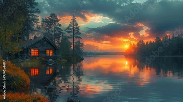 Fototapeta Serene Sunset Over Calm Lake Reflected in Rustic Cabin Windows in Northern Forest
