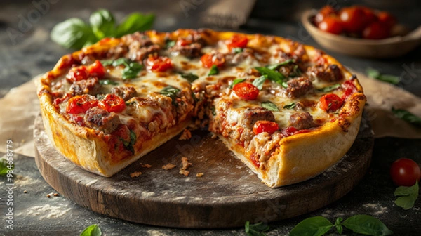 Fototapeta Delicious Chicago Deep Dish Pizza With Cheese and Sausage!