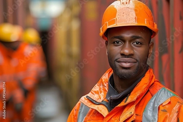 Fototapeta A construction worker in a reflective orange vest and hard hat stands confidently in a bustling shipping yard during daylight