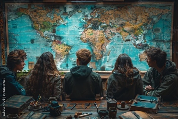Obraz Group of friends studying a world map in a cozy room during an evening gathering