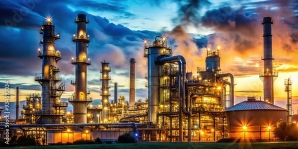 Fototapeta Industrial refinery at dusk with glowing lights, silhouetted machinery, and smokestacks emitting steam , industrial