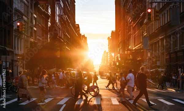 Fototapeta People walking through the busy intersection at 5th Avenue and 23rd Street in New York City on a summer day with sunset flare between the background buildings