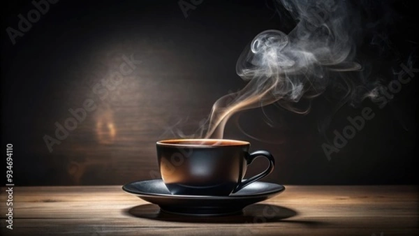 Fototapeta Glimpse the mesmerizing interplay of light and steam on a black coffee cup, energetic, auras, dynamic, dance