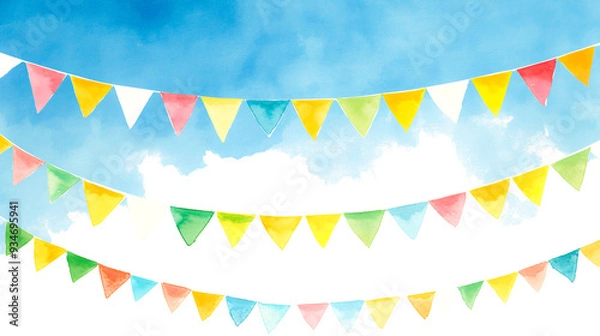 Fototapeta 青空にカラフルな三角旗の水彩イラスト背景