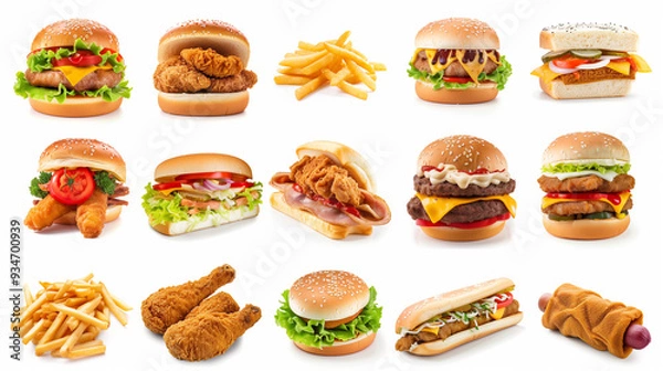 Fototapeta All Fast Food collection set, isolated on white background. Fried chicken, fries, hamburger, turkey, hotdog, sandwich, chicken nuggets, shawarma. Junk food of Fast Food set. Closeup of fast foods 