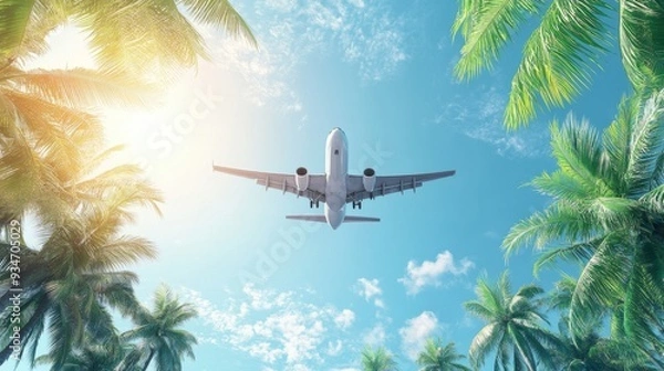 Fototapeta Blue sky with coconut trees, The airplane is going to the tropical sea beach. for sightseeing and relaxing in the summer holidays