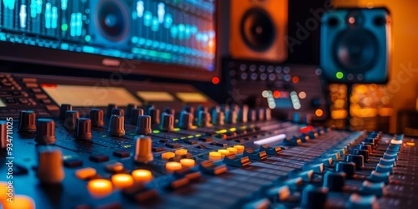 Fototapeta Close-up of a Sound Mixing Board with Illuminated Buttons