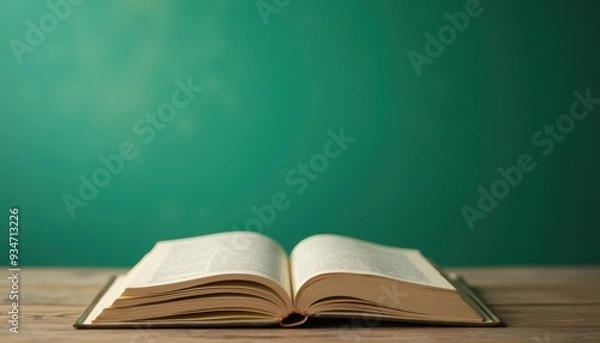 Obraz An open book on a wooden table against a green background, inviting readers to dive into its pages.
