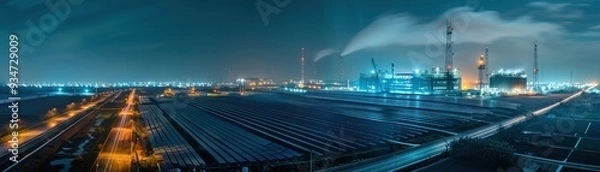 Fototapeta A panoramic night view of a clean energy factory with glowing solar fields