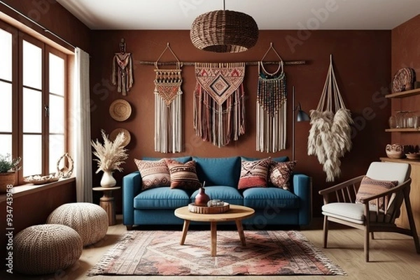 Fototapeta Nomadic Boho Interior Mockup Frame with Rustic Decor in a Cosy Living Room