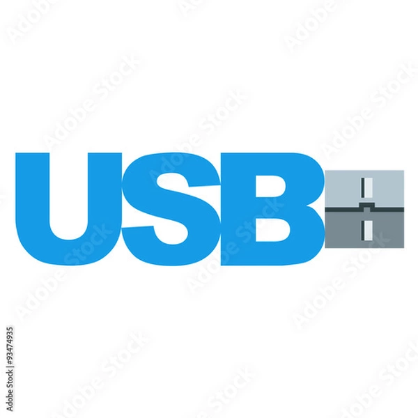 Fototapeta Icono plano texto USB con conector azul