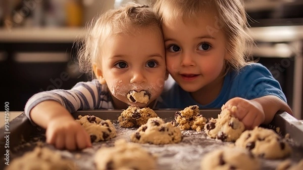 Fototapeta Children sneaking a taste of cookie dough while baking