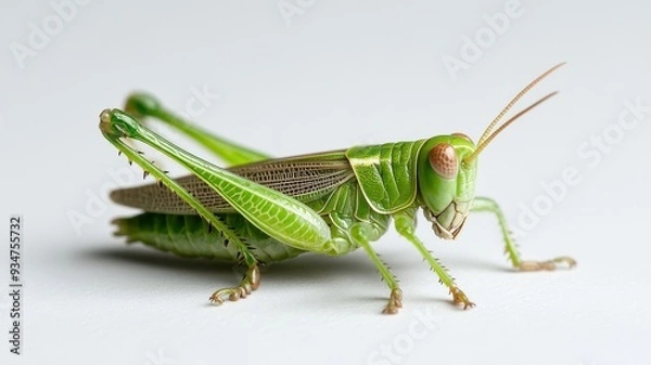 Fototapeta Professionally lit studio shot of a grasshopper, with soft lighting enhancing its detailed body and wings against a clean, minimalistic backdrop.