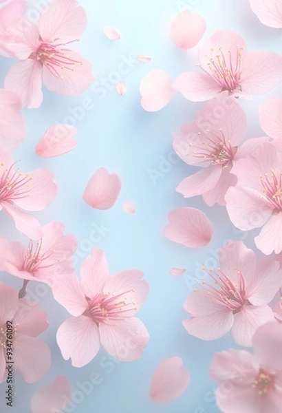 Fototapeta 水色の背景に風に散る花びらが美しいピンクの桜