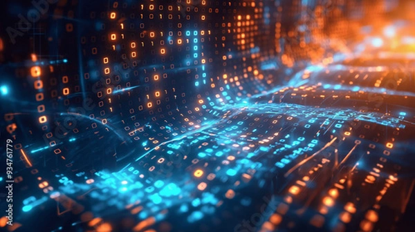 Fototapeta Abstract Digital Background Featuring Flowing Binary Code and Dynamic AI Algorithms Showcasing Advanced Technology and Data Processing in a Futuristic, High-Tech, and Innovative Virtual Environment