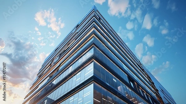 Fototapeta modern glass office building with a sleek design against a blue sky and clouds. The building is viewed from a low angle, giving it a towering presence.