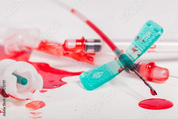 Obraz Injektionsnadel zur Blutentnahme mit Blut und Spritzen
