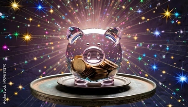 Fototapeta Transparent piggy bank with a sparkling background.