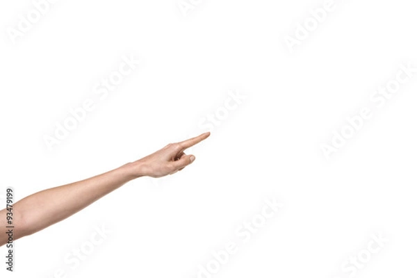 Fototapeta Hand with one finger pointing. Studio shot isolated on white.