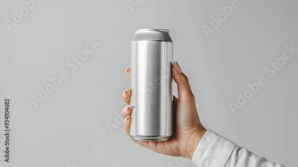 Fototapeta Aluminum Can Mockup Held in Woman's Hand on Isolated White Background